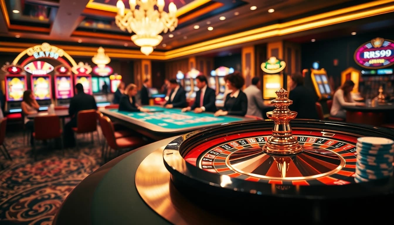 Players enjoying luxury gambling at the RR99 casino, featuring roulette and poker tables.