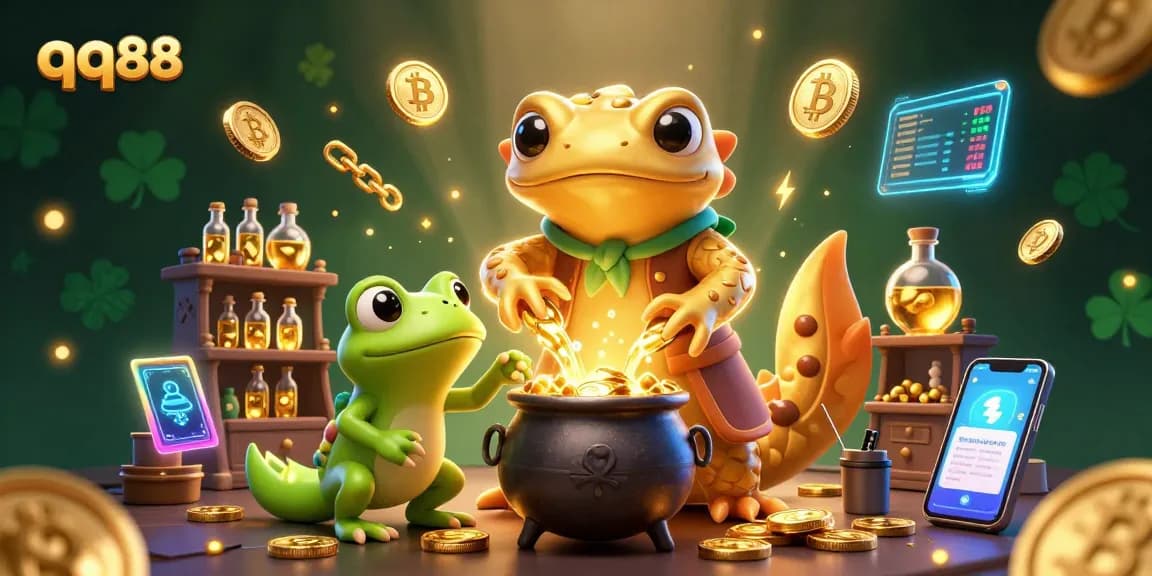 Engage with qq88 at a 3D casino scene featuring an alchemist and gold coins.