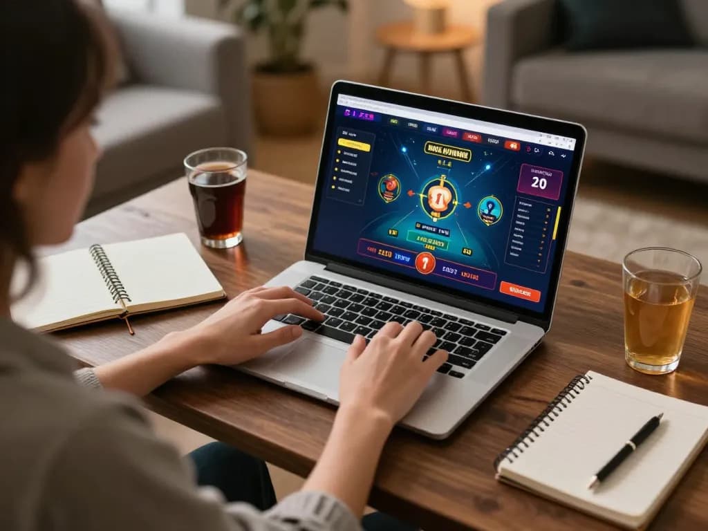 Player enjoying online gaming experience on laptop at home, showcasing 78wingo's platform.