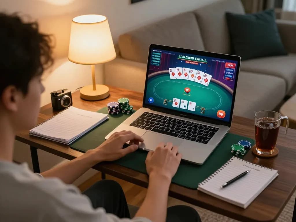 DW8 online poker gaming scene with player engaging on laptop, cozy home atmosphere.