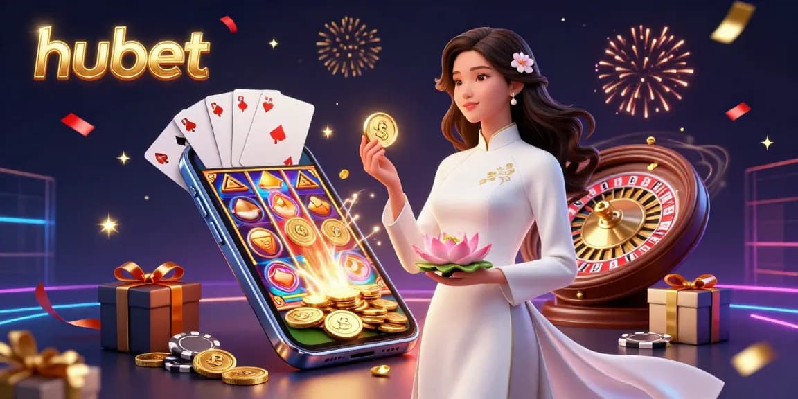 Engage with hubet in this vibrant scene featuring slot games, a serene character, and dynamic gambling elements.