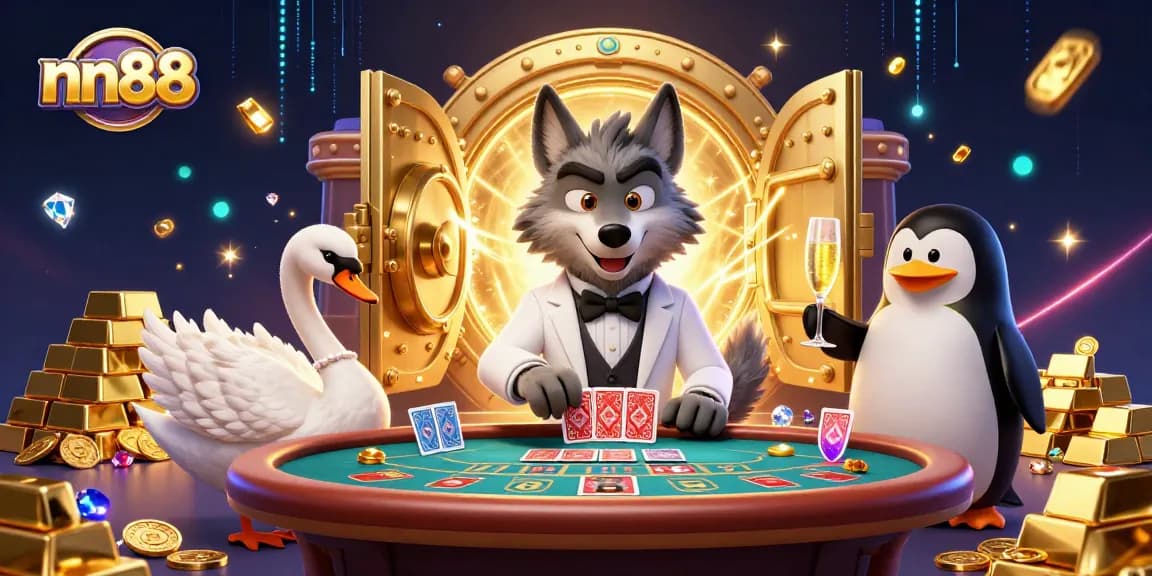 Engaging scene showcasing nn88 with a wolf, swan, and penguin at a lively casino table.