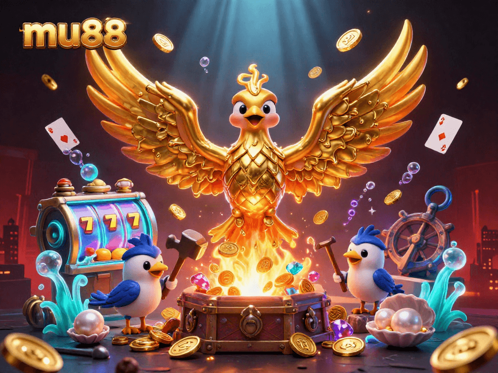 Experience the magic of mu88 with a golden phoenix and dynamic casino elements in a vibrant scene.