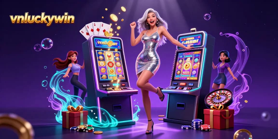 Experience the excitement of vnluckywin with a vibrant 3D scene of a winning slot moment.