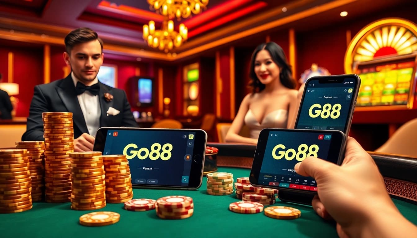 Go88 gaming scene with players at a roulette table featuring vibrant casino elements.