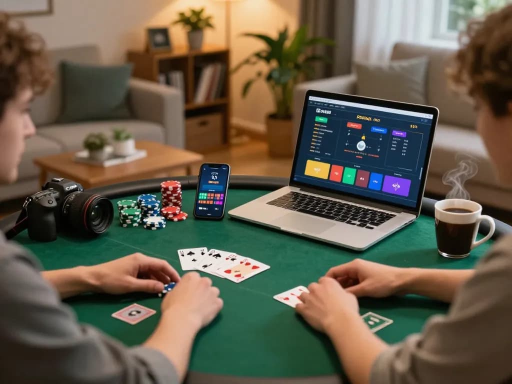 Player engaging in online poker gaming with FC88 strategies visible on screen in a cozy, inviting environment