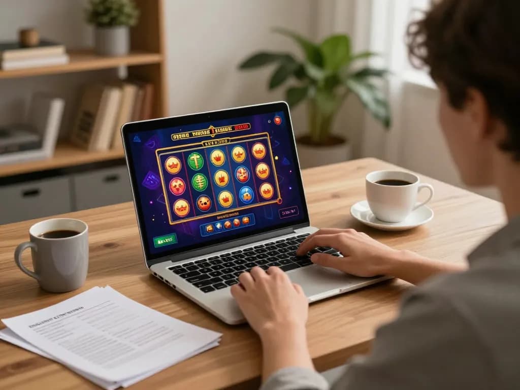 Engaging with alc88 casino slots on a modern laptop, showcasing a vibrant home gaming scene.
