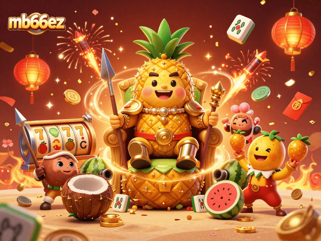 Experience thrilling gameplay at mb66ez with a vibrant scene featuring a pineapple king and animated casino elements.