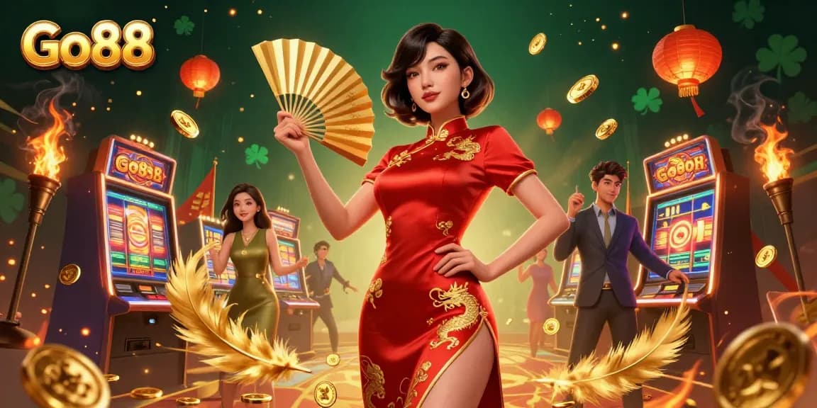 Engage with Go88's vibrant 3D casino illustration featuring a confident woman amid cascading coins and slot reels.