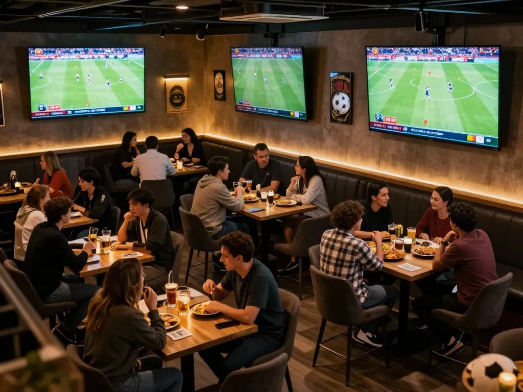 Socolive viewers engaging in live football matches at a vibrant sports bar with large screens and drinks