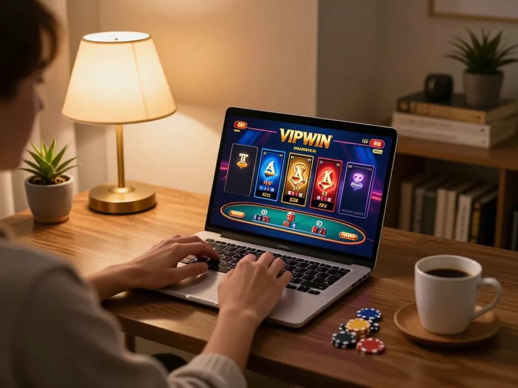VIPWIN player engaging with online casino games on laptop in a cozy home setting.