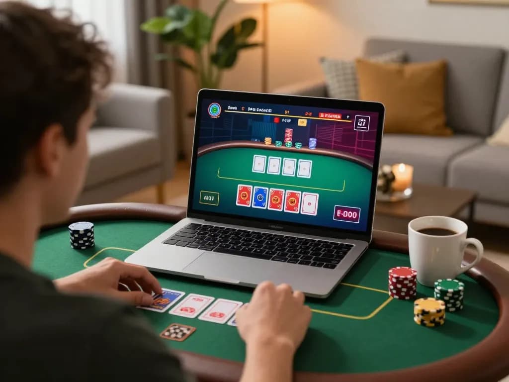 Engaging online poker gameplay on a laptop showcasing lucky88z platform, cozy home atmosphere with snacks and coffee.