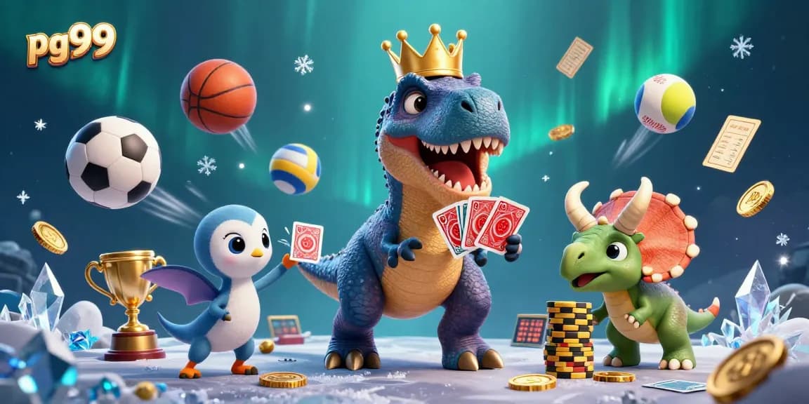 Experience thrilling gaming at pg99 with T-Rex shuffling cards and earning chips in a vibrant casino scene.