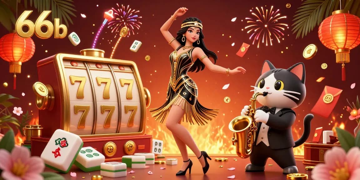 Experience thrilling action at 66b with a vibrant illustration showcasing a dancing flapper and a charming cat amidst casino elements.