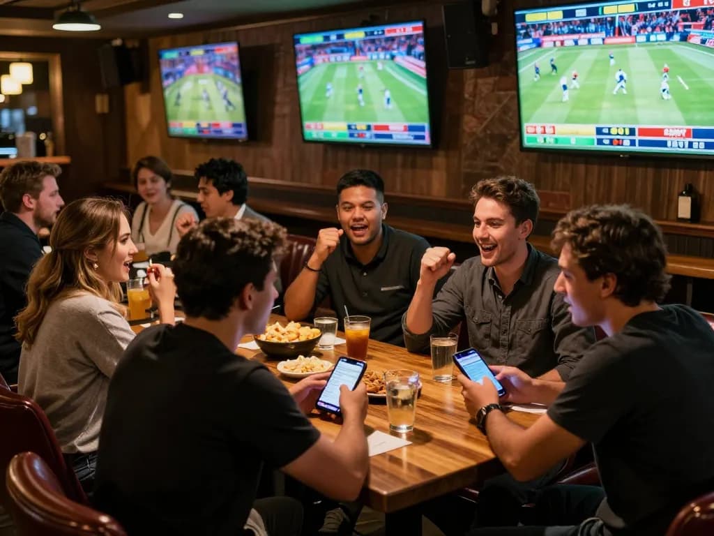 Exciting sports betting atmosphere at abc8go with friends cheering and mobile betting updates