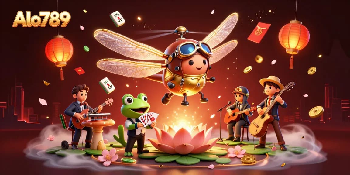 Alo789 features a dynamic casino scene with a dragonfly pilot and a frog croupier amidst enchanting game elements.