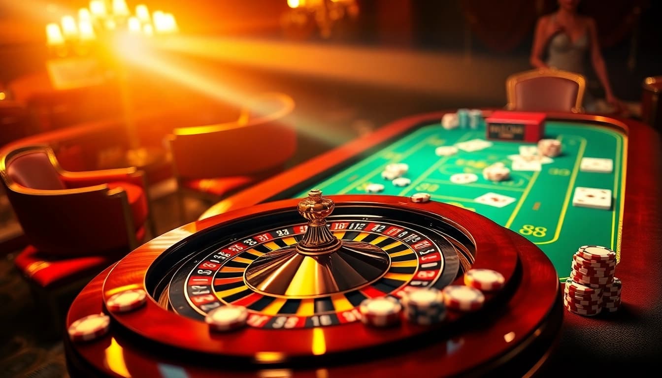 Engaging scene at EE 88 casino featuring poker chips and roulette wheel in a luxurious setting.