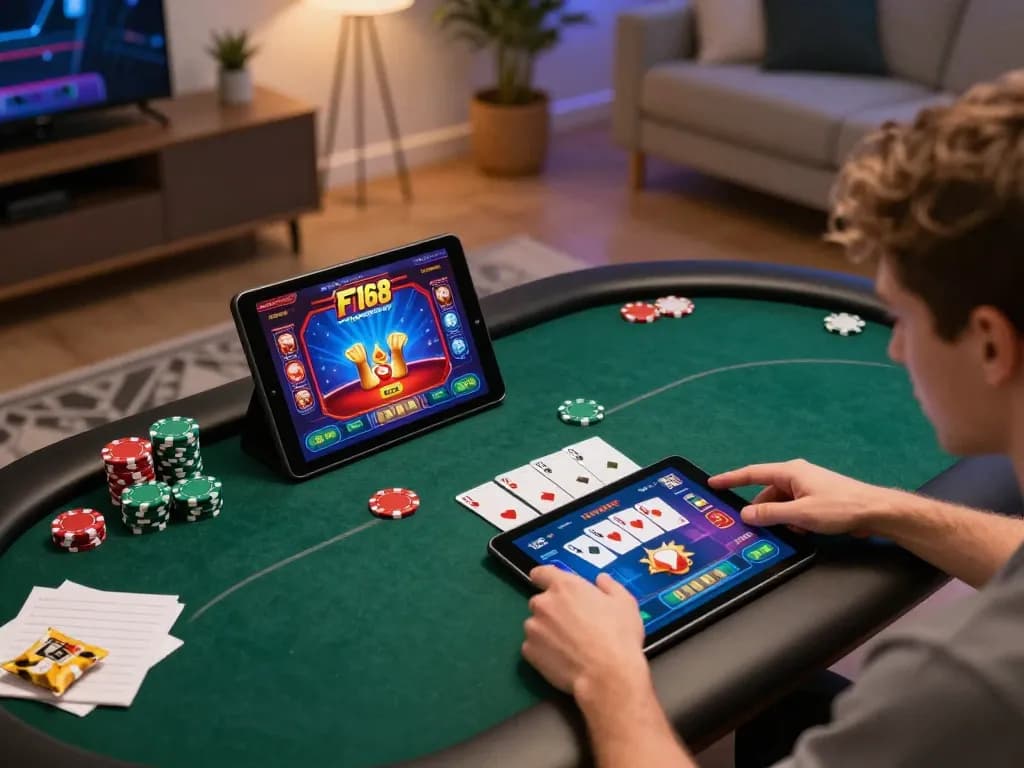 Player enjoying an online poker game on F168 app showcasing strategy with chips and cards.
