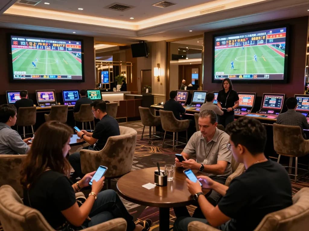 Engaged bettors analyzing keo nha cai 5 odds in a dynamic sports betting lounge, capturing excitement and strategy.