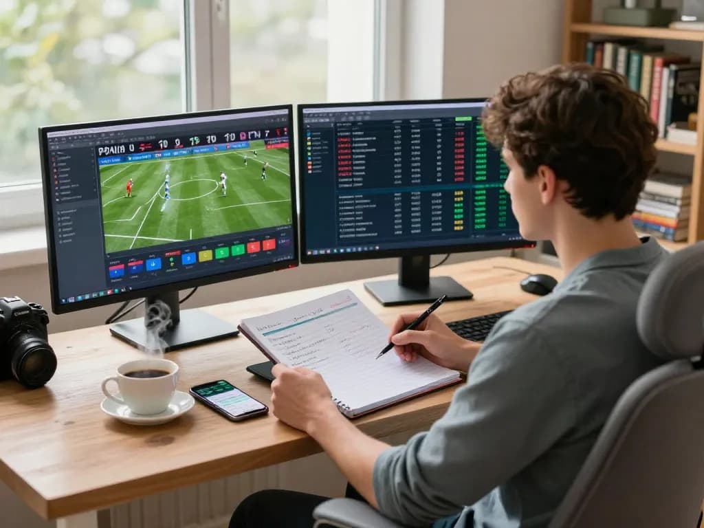 Individual analyzing tỷ lệ kèo in a modern home office with multiple screens and notes.
