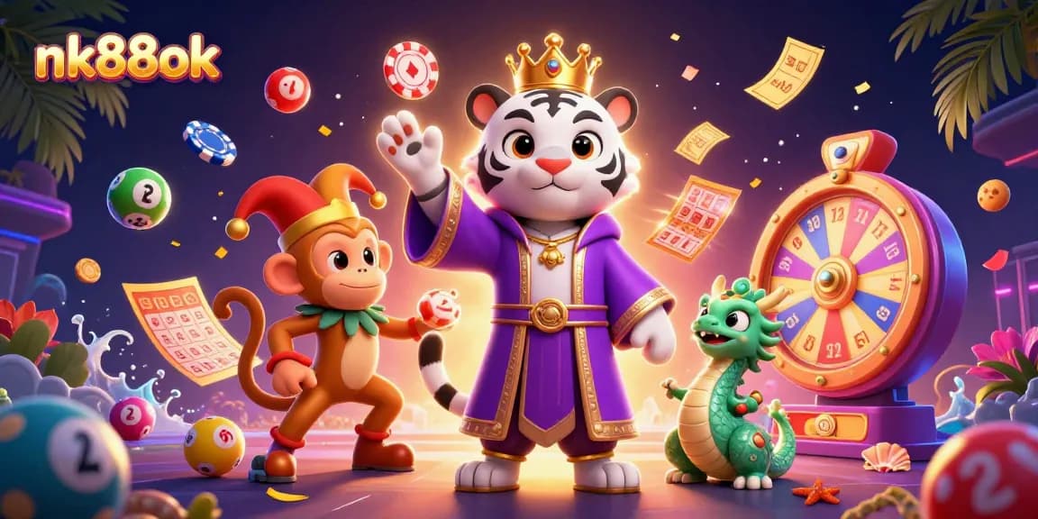 Experience the thrill of nk88ok with a vibrant 3D illustration featuring exciting casino elements.