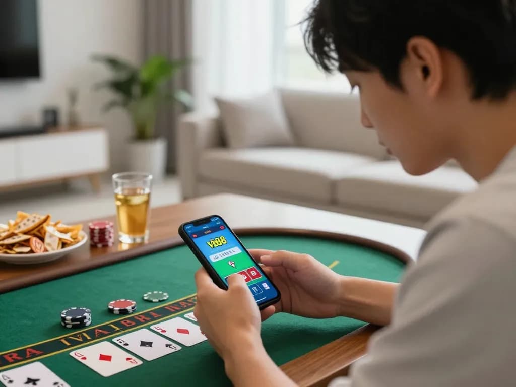 Playing live dealer blackjack using the vb88 mobile app in a cozy home setting, highlighting strategic gameplay