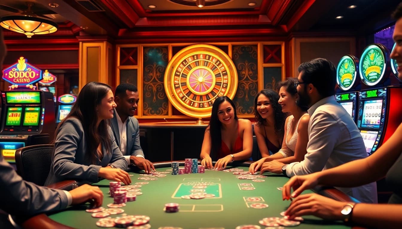 Players enjoying a lively game at SODO CASINO's vibrant poker table filled with colorful chips.