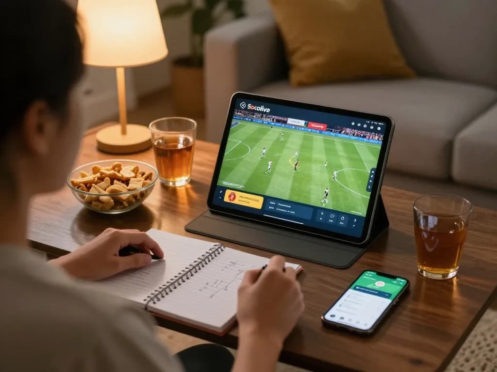 Socolive user engaged in live football match streaming while enjoying a cozy home environment
