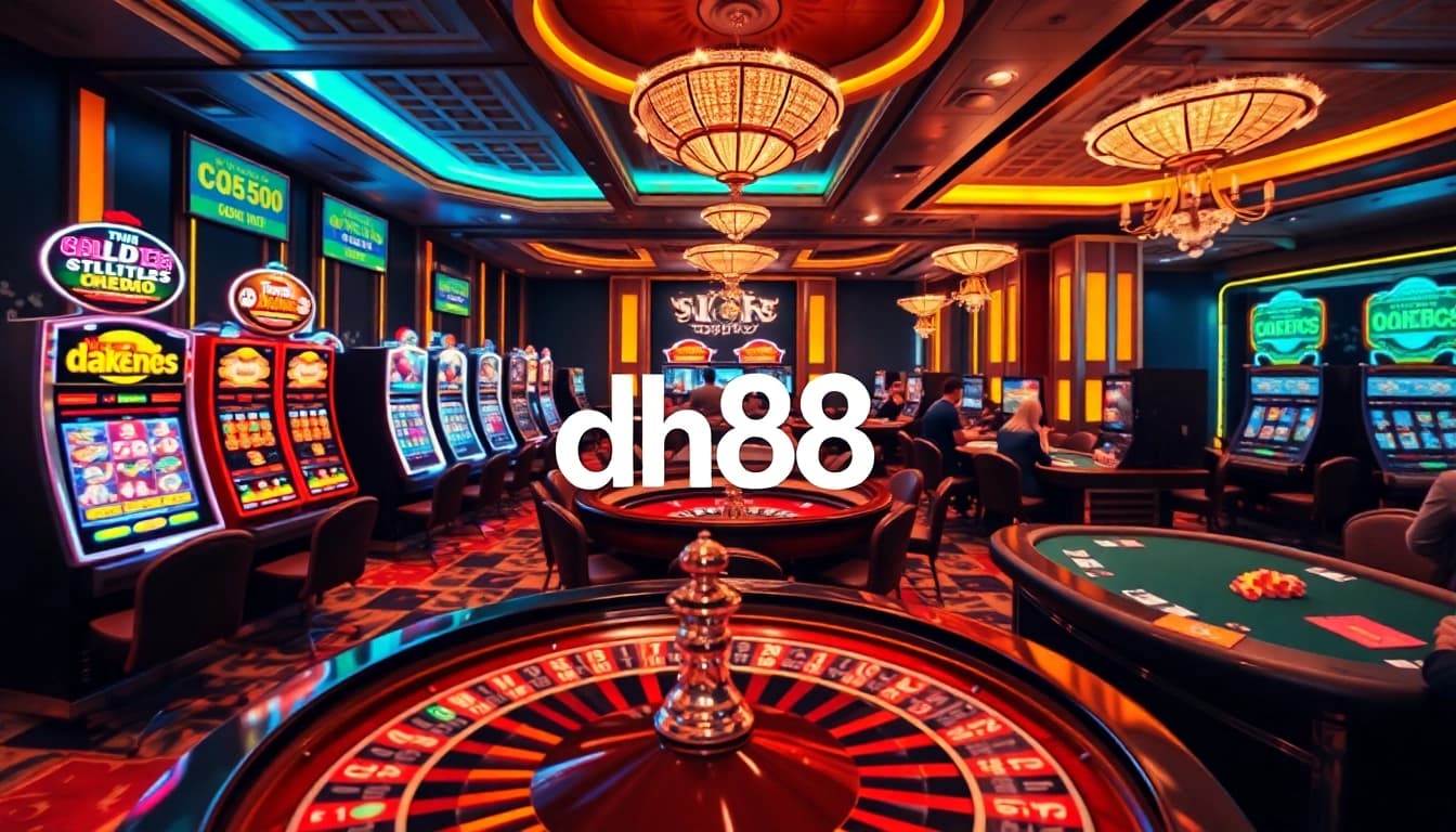 Players engaging in high-stakes gambling at a vibrant casino featuring the term dh88 prominently displayed.
