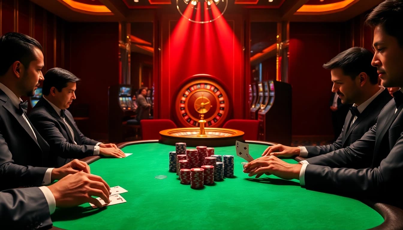 SODO Casino players engaged in a high-stakes poker game with colorful chips and a roulette wheel in the background.