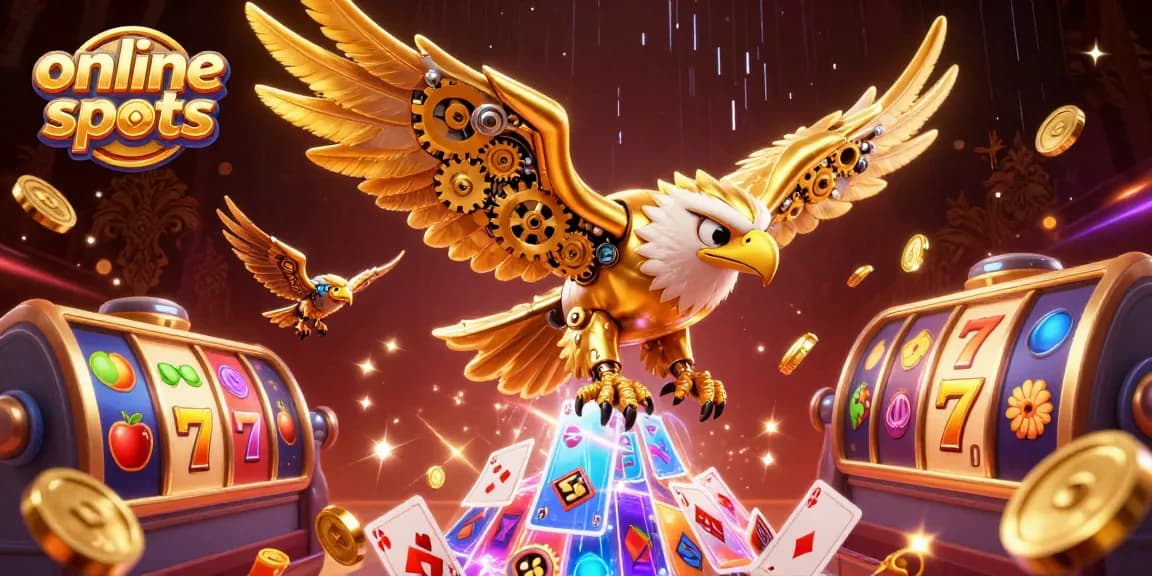 Experience dynamic online slots with a cybernetic eagle diving through holographic reels and vibrant colors.
