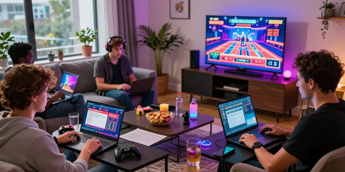 Players enjoying a lively gaming session exploring uk casinos not on gamstop in a modern home setup with vibrant lighting.