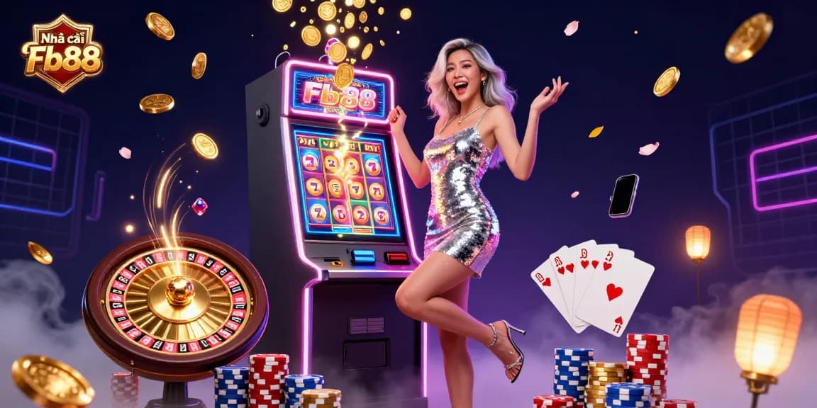 Play slots and win at Nhà cái Fb88 with an Asian woman celebrating a jackpot amidst cascading coins.