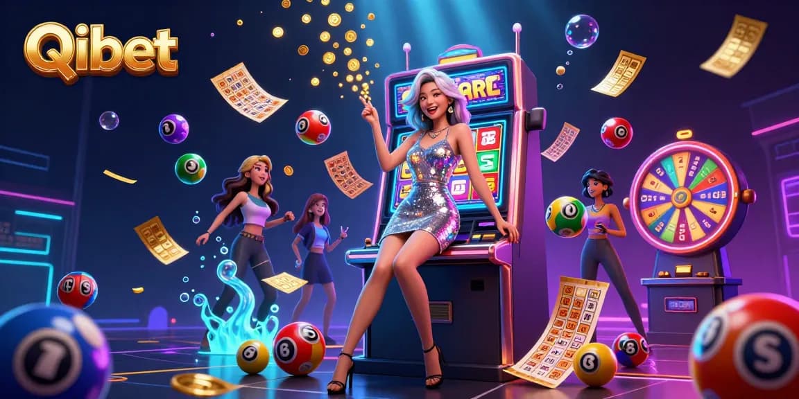 Experience the thrill of Qibet with vibrant casino elements and an excited player celebrating a jackpot.