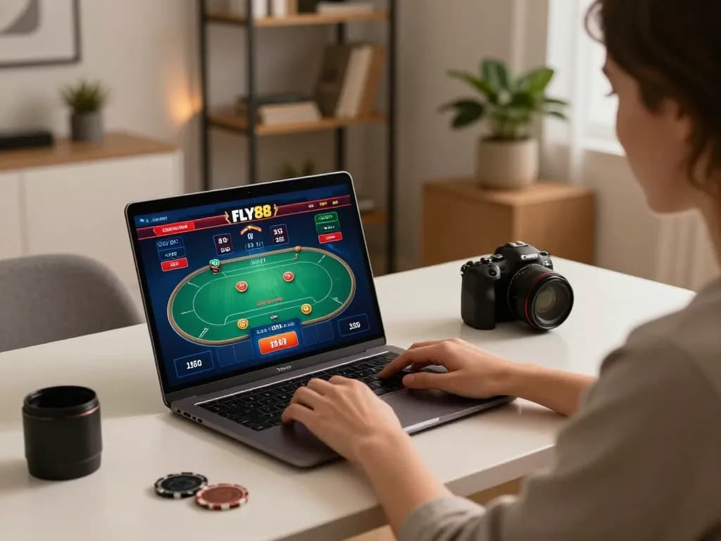 Betting on FLY88, a player engages with an online casino interface showcasing poker gameplay.