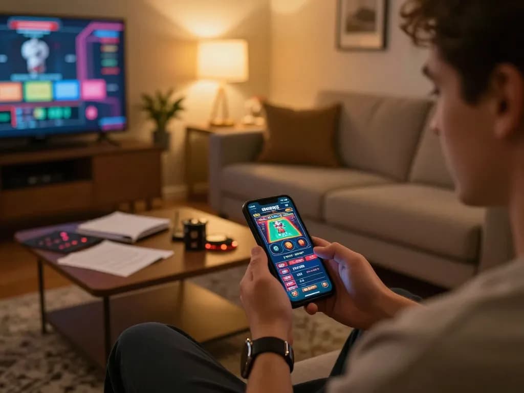 Engaging in online casino gaming at home using a smartphone on https://www.atqvn.com/ with notes and cozy ambiance.