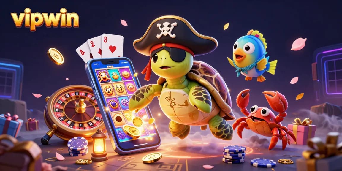 Engage with vipwin's vibrant casino adventure, showcasing a turtle, crab, and parrotfish amidst swirling casino gaming elements.
