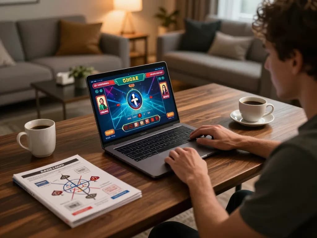 Engaging online gaming session at https://mm88.se.net/ with a live dealer, showcasing a laptop setup in a cozy home office.