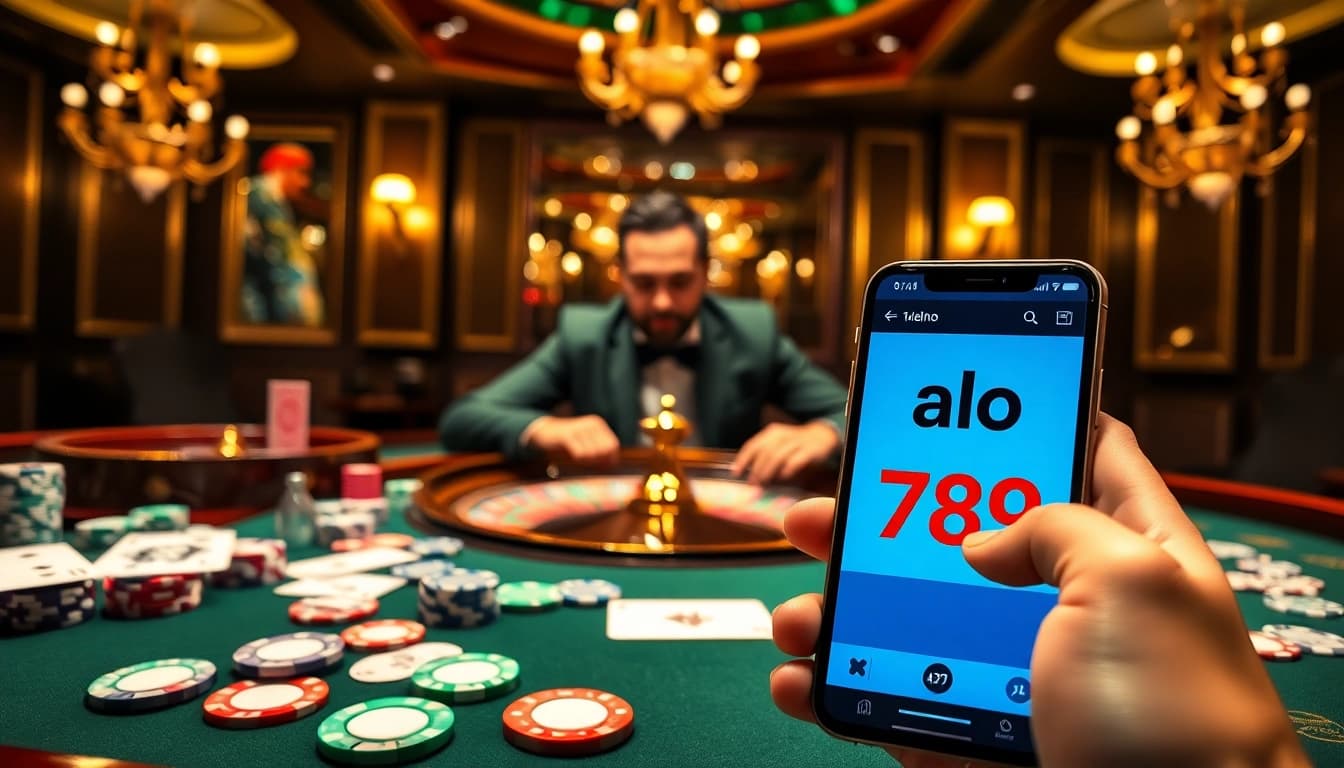 A thrilling poker showdown at alo 789, featuring vibrant chips and casino atmosphere.