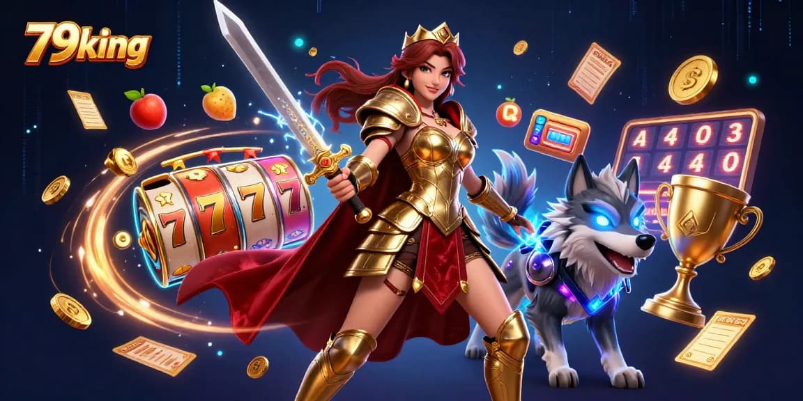 Engage in vibrant casino action at 79king with a warrior queen and her wolf companion, amidst dazzling slot themes.