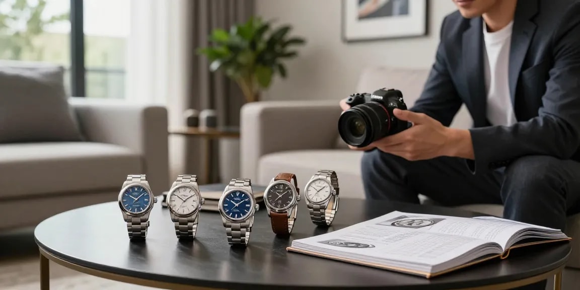 Explore luxury replica watches displayed in an elegant living room setting, highlighting their craftsmanship and sophistication.