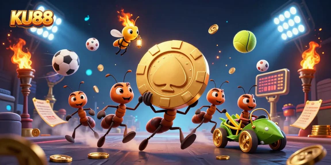 Engage in thrilling action at KU88 with cartoon ants on a heist with golden poker chip.