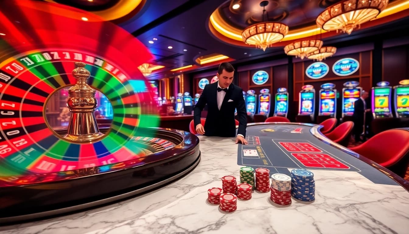 Experience the thrill of betting at a luxurious casino with 9bet.com showcasing elegant tables and vibrant games.