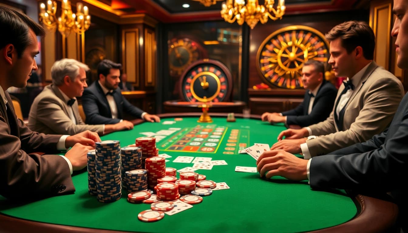 Players engaging in exciting poker at RR88's luxury casino table.