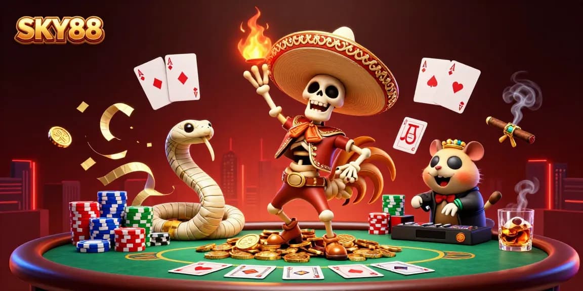 Experience the excitement of SKY88 with vibrant casino characters and dynamic gambling elements.
