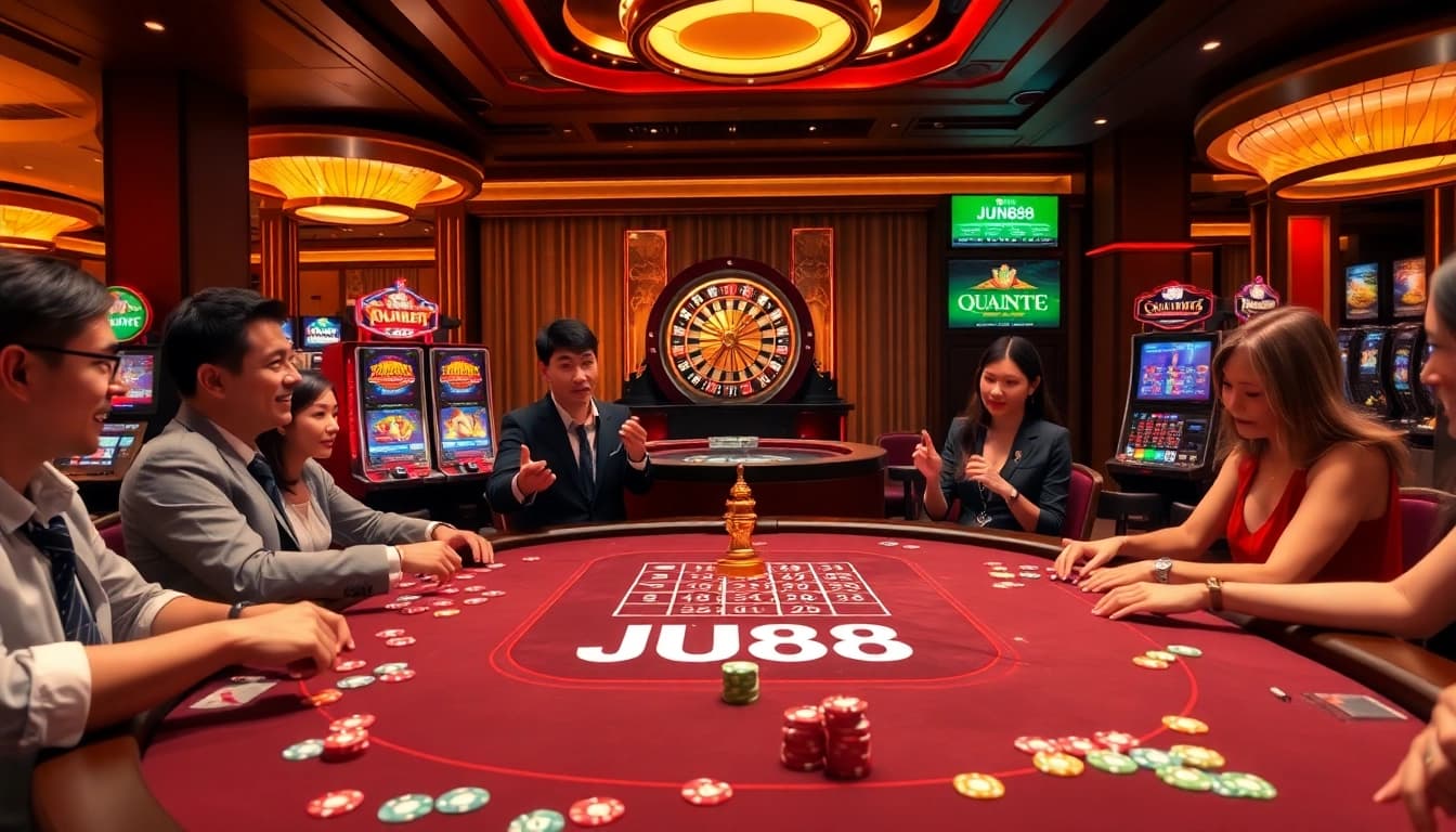 Excited players engage at the Jun88 casino table, surrounded by colorful chips and slot machines.