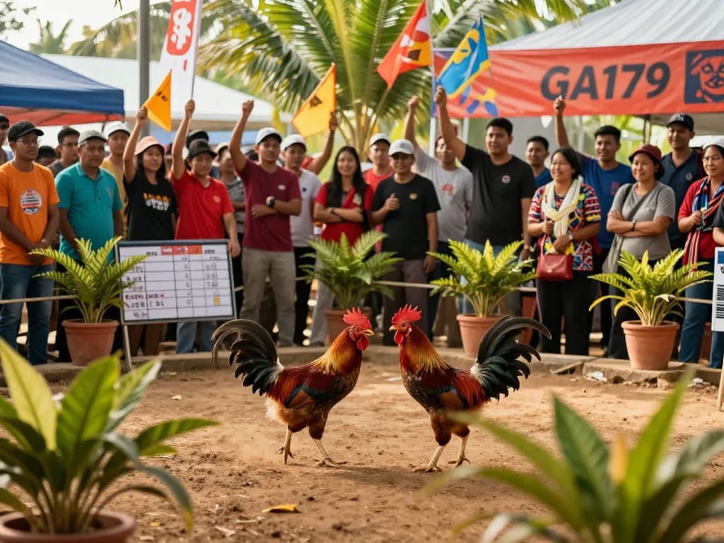 Exciting GA179 chicken fighting event with spectators cheering and dynamic action on display.