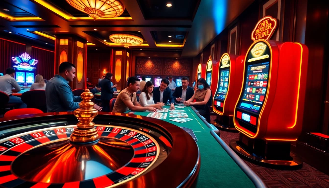 A thrilling gaming experience at https://zx88.live/ with a roulette wheel and poker table glowing under vibrant lights.