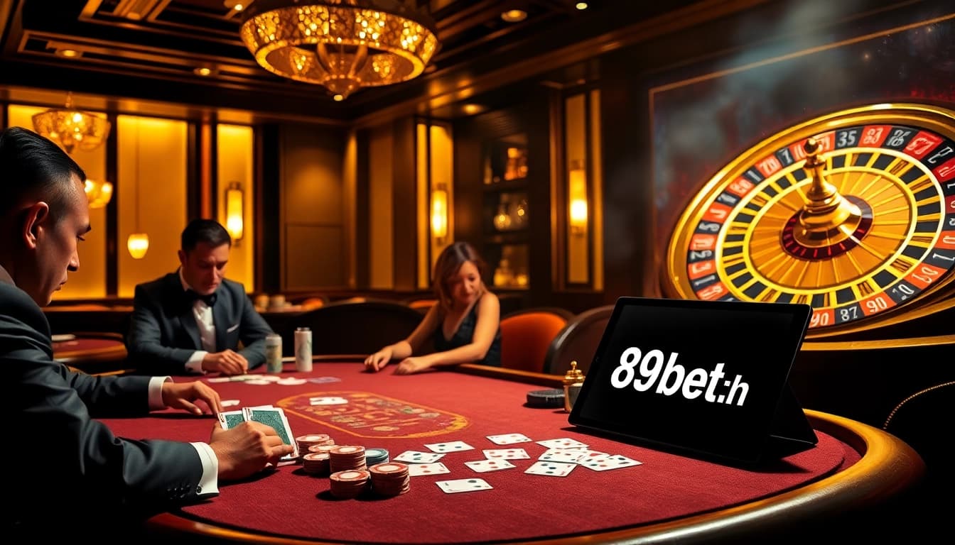 High-stakes poker excitement at a luxurious casino table featuring 89bet.sh gaming elements.