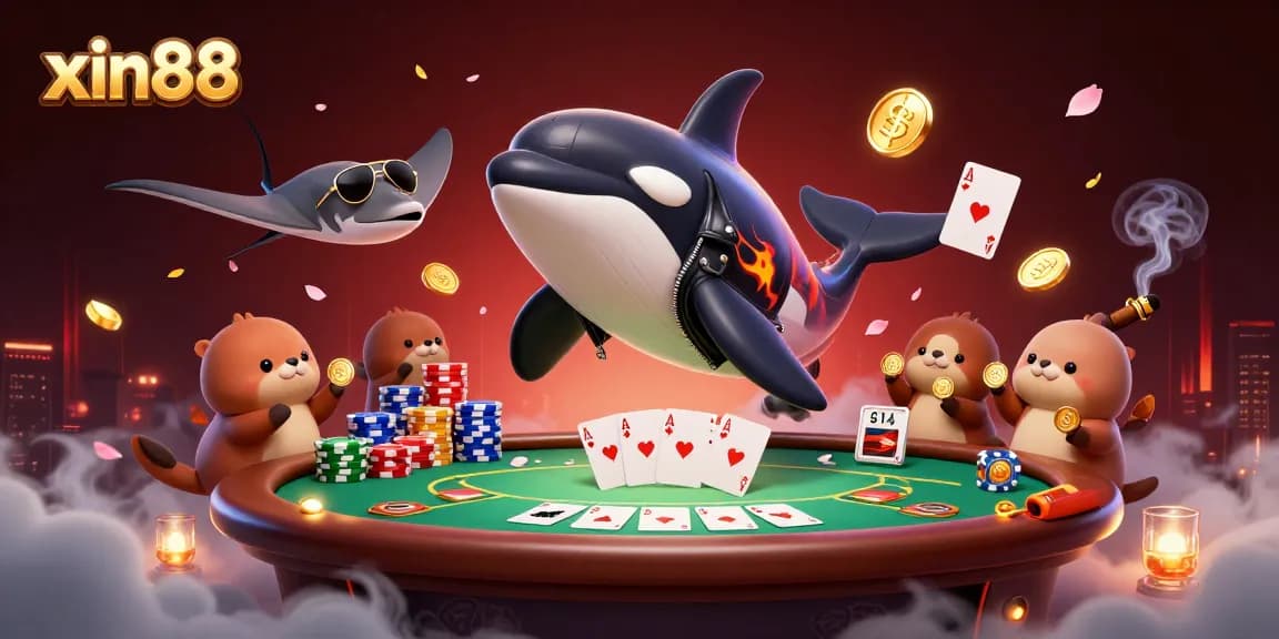 Experience the thrill of xin88 with a cartoon orca, stingray, and otters in a dynamic poker setting.
